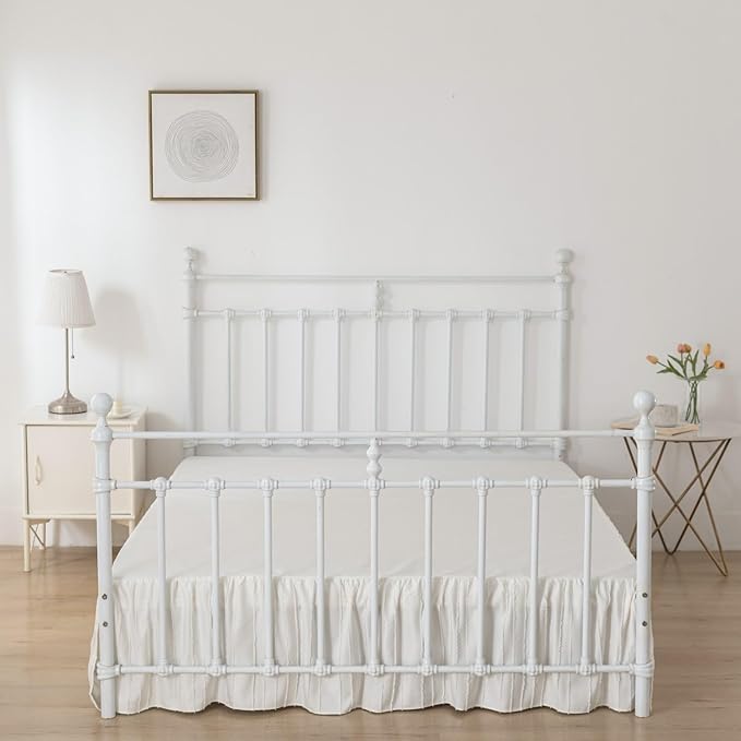 Bed Skirt King Size - Ruffled Bed Skirt - with Split Corners - Ivory | Striped Boho Tufted -16 Inch Drop Bedskirt with Platform-Soft Premium Hotel Quality - Easy Fit