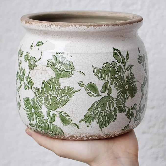 Tuscan Ceramic Indoor Plant Pot, Rustic Farmhouse Vase for Home Decor | 6.29'' Decoration Planter for Snake Plant, Pothos and Houseplant Pots, Vintage Office & Tabletop Decor, Gift for Mom (Green)