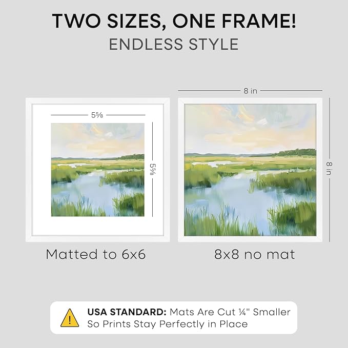 Homeforia 8x8 White Picture Frame, High-End Metal, 6x6 Mat, Glass