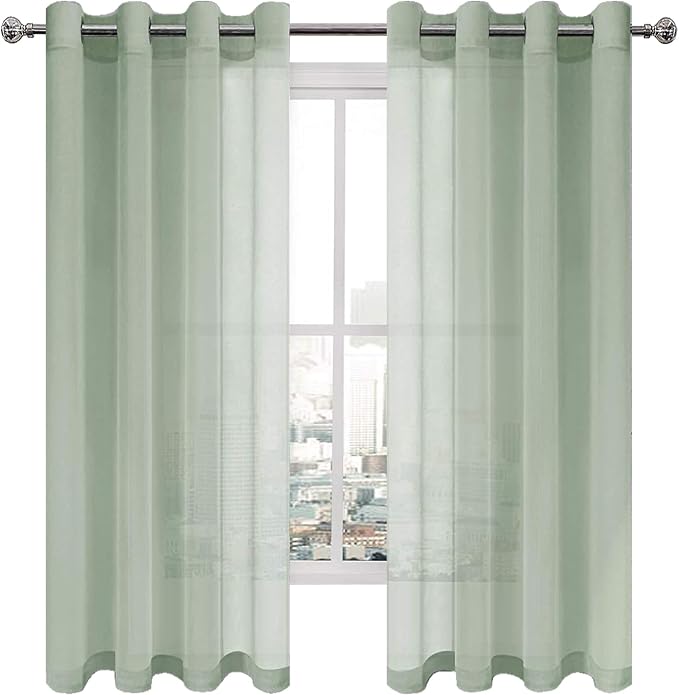 DWCN Sheer Curtains for Living Room Bedroom - Faux Linen Look Voile Drapes Grommet Top Window Curtain Panel 52 x 72 Inches Long, Bean Green, Set of 2 Panels
