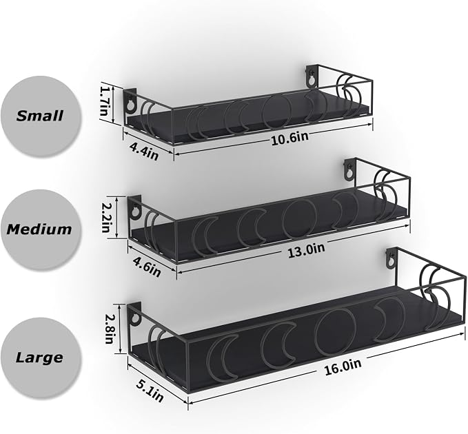 PHAREGE Moon Phase Floating Shelves Black Set of 3