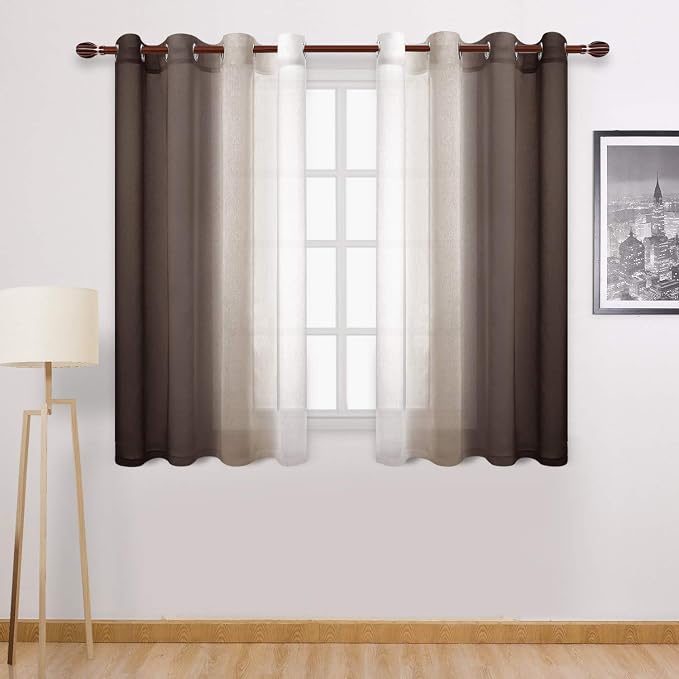 DWCN Ombre Sheer Curtains - Faux Linen Semi Voile Grommet Top Gradient Curtains for Bedroom and Living Room, Set of 2 Window Curtain Panels, 52 x 54 Inch Length, Chocolate Brown