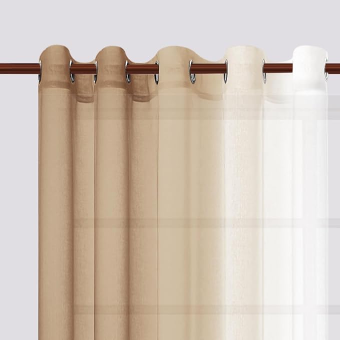 DWCN Ombre Faux Linen Sheer Curtains - Extra Wide Gradient Semi Voile Light Filtering Grommet Top Bedroom and Living Room Curtains, 60 x 84 Inches Long, Set of 2 Window Curtain Panels, Taupe