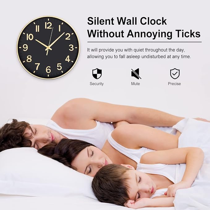 HZDHCLH 12 Inch Silent Wall Clock Battery Operated Non Ticking Black Gold | Non Ticking Modern Clock for Wall, 3D Numbers Wall Clock for Kitchen Bedroom Living Room Office Classroom Decor