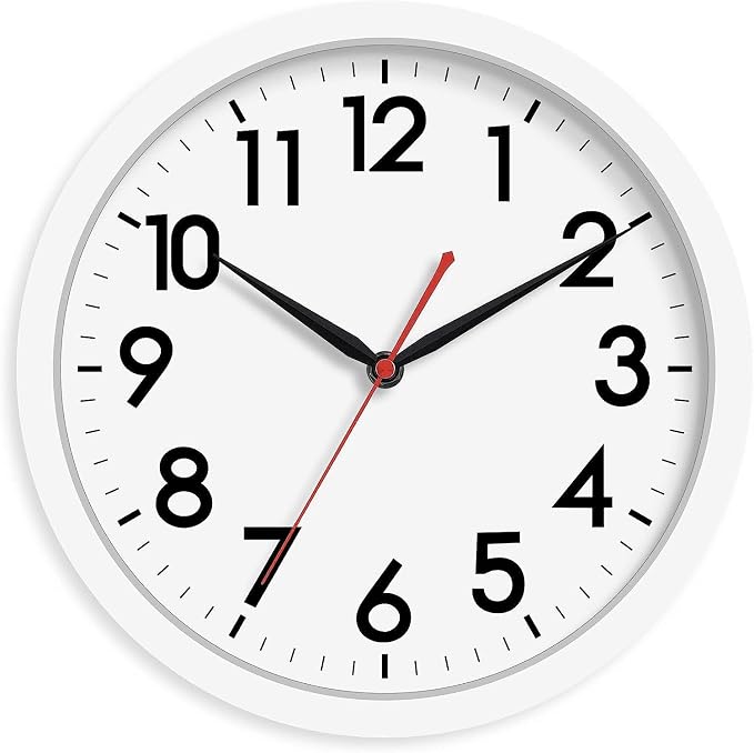AKCISOT 12 Inch Wall Clock, Silent Battery Operated Analog Clock, White | Office | Kitchen | Living Room | Classroom | Easy-to-read Numbers