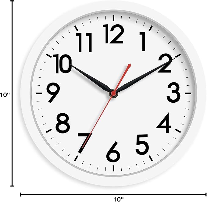 AKCISOT 10 Inch Wall Clock, Silent Battery Operated Analog Clock, White | Classroom | Kitchen | Office | Easy to Read Numbers | Garage