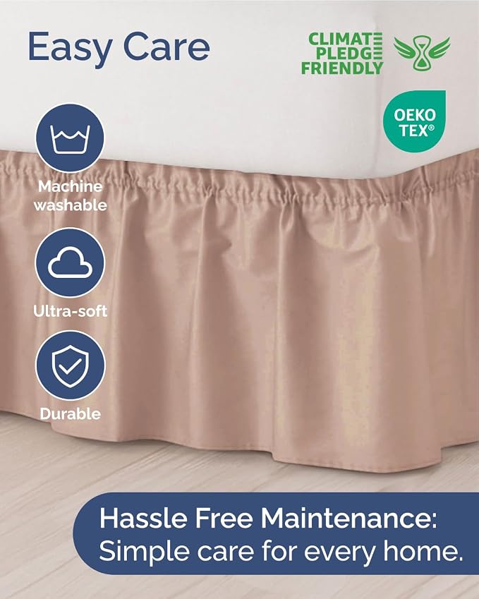 Wrap Around Dust Ruffle Bed Skirt, Queen Size Beds - 15 Inch Drop, Mauve | Easy Fit Elastic Strap, Adjustable Pleated Bedskirt w/Brushed Fabric, Wrinkle & Fade Free, for Women, Men, Kids & Teens