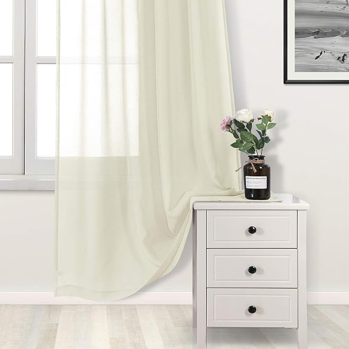 DWCN Ivory Sheer Curtains Linen Look Semi Transparent Voile Grommet Curtains for Living Room Bedroom Drapes 52 x 63 inch Length, Set of 2 Panels