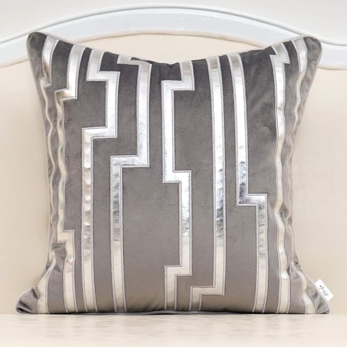 Alerfa Gold Leather Striped Gray Throw Pillow Cover 20x20 Inch, Geometric Luxury Decorative Embroidered Velvet Pillow Cover for Couch Living Room Bedroom