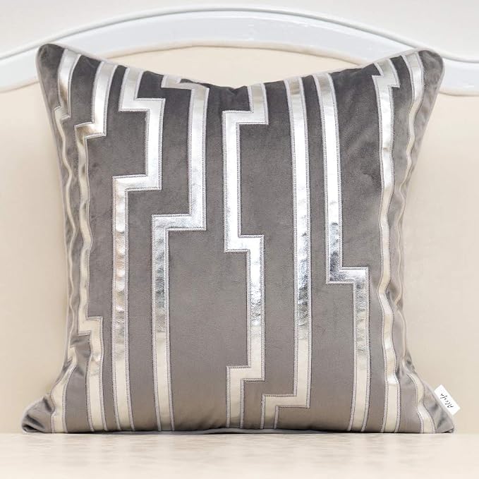 Alerfa Gold Leather Striped Gray Throw Pillow Cover 18x18 Inch, Geometric Luxury Decorative Embroidered Velvet Pillow Cover for Couch Living Room Bedroom