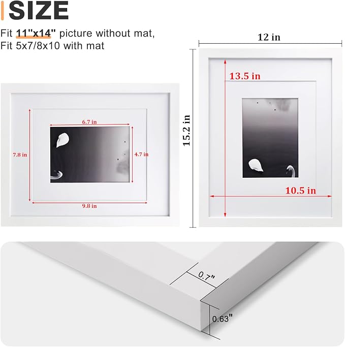 Egofine 11x14 Picture Frames Set of 4, Made of Solid Wood Covered by Plexiglass 5x7 and 8x10 with Mat or 11x14 without Mat, for Table Top Display and Wall Mounting Photo Frame White