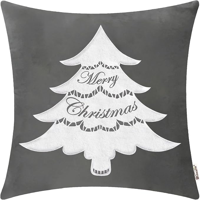 BRAWARM Christmas Pillow Cover 20 X 20 Inches, Gray Christmas Tree Embroidered Pillow Cover, Soft Velvet Decorative Throw Pillow for Couch Bed Sofa Living Room Home