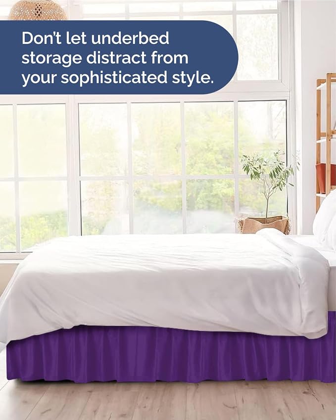 Wrap Around Dust Ruffle Bed Skirt, Full Size Beds - 24 Inch Drop, Purple | Easy Fit Elastic Strap, Adjustable Pleated Bedskirt w/Brushed Fabric, Wrinkle & Fade Free, for Women, Men, Kids & Teens