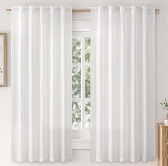 MIULEE Faux Linen Curtains 63 Inch Length 2 Panels Heathered White Semi Sheer Curtain with Back Tab Rod Pocket, Light Filtering Window Privacy Burlap Drapes for Living Room Bedroom 42W x 63L