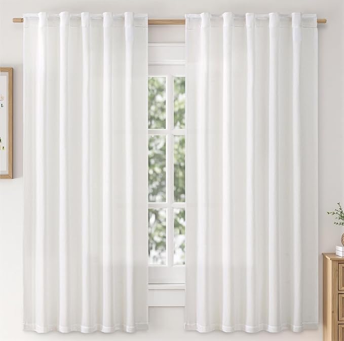 MIULEE Faux Linen Curtains 54 Inch Length 2 Panels Heathered White Semi Sheer Curtain with Back Tab Rod Pocket, Light Filtering Window Privacy Burlap Drapes for Living Room Bedroom 42W x 54L