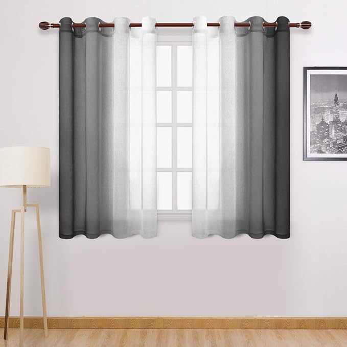 DWCN Faux Linen Ombre Sheer Curtains - Semi Voile Gradient Bedroom and Living Room Curtains, Set of 2 Grommet Top Window Curtain Panels, 52 x 54 Inch Length, Black