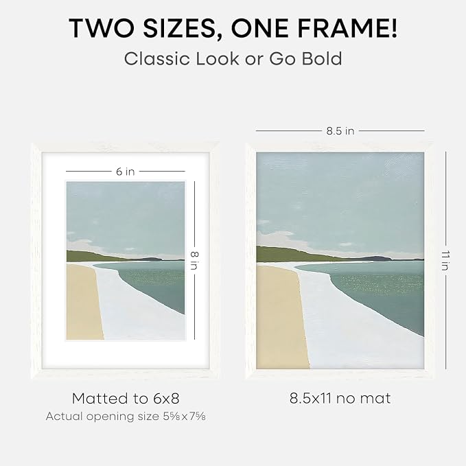 Homeforia 8.5x11 White Oak Picture Frame, High-End Wood, 6x8 Mat, Glass