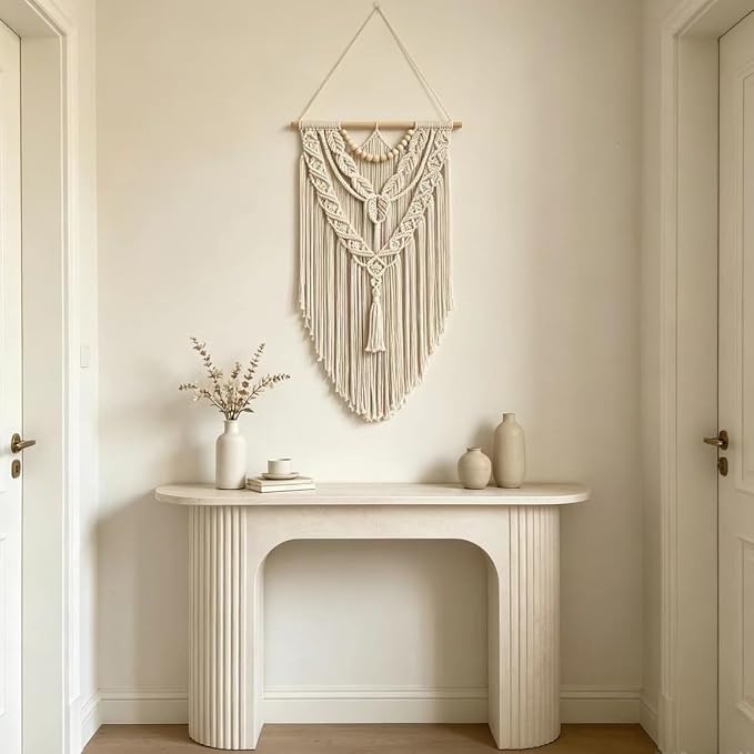 Macrame Wall Hanging Boho Geometric Woven Tapestry Cotton Handmade Bohemian Art Decor with Wood Bead Wall Decor for Bedroom Living Room Apartment Nursery 31.5" L x 17" W (Wood Bead-Y)