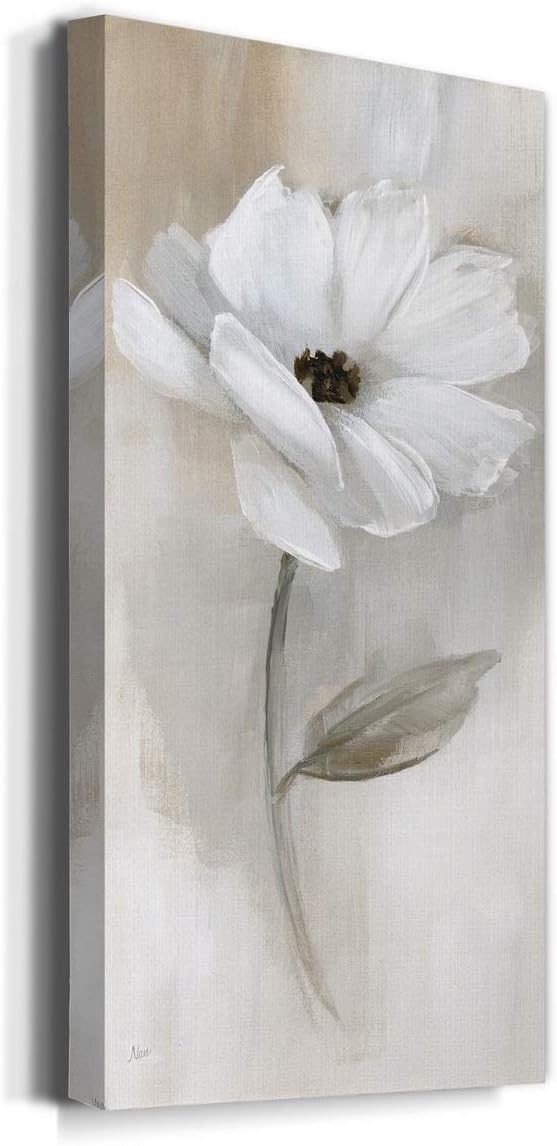 Renditions Gallery Canvas Floral Wall Art Modern Decorations Paintings Elegant White Rose Romantic Glam Botanical Canvas Artwork Prints for Bedroom Office Kitchen - 20"x40" LT43