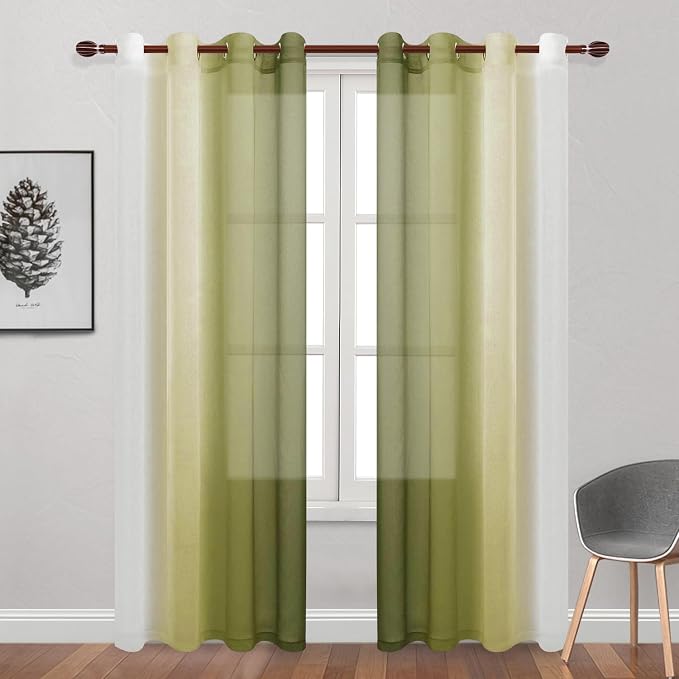 DWCN Ombre Faux Linen Sheer Curtains - Extra Long Gradient Semi Voile Light Filtering Grommet Top Bedroom and Living Room Curtains, 52 x 102 Inches Long, Set of 2 Window Curtain Panels, Olive Green
