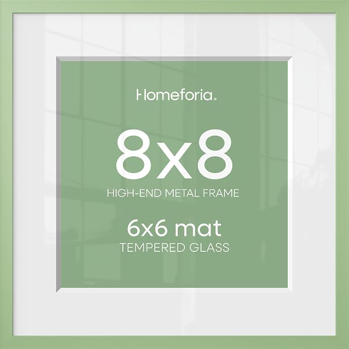 Homeforia 8x8 Green Picture Frame, High-End Metal, 6x6 Mat, Glass