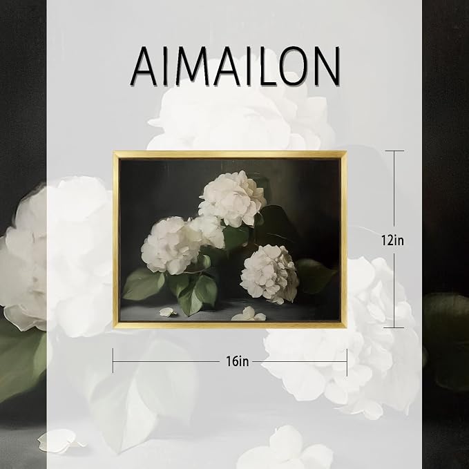 AIMAILON Gold Framed,White Hydrangea Blooming Retro Bohemian Style 12x16 | classic plant aesthetics, desktop decoration, easy to hang, versatile style