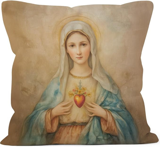 Christian Immaculate Heart of Mary Throw Pillow Covers Gifts 18x18, Vintage Religious Decor Pillow Cases for Bedroom Living Room, Catholic Virgin Mary Decorative Square Pillowcases for Couch