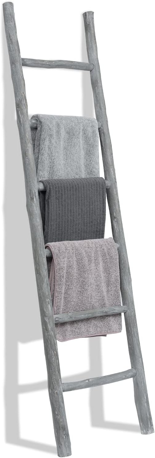 FUIN Blanket Ladder, 6ft Rustic Solid Wood Decorative Ladder, Light Grey | Farmhouse living room accent, Layered blanket towel quilt display, Visible wood grain, Bathroom and Bedroom use