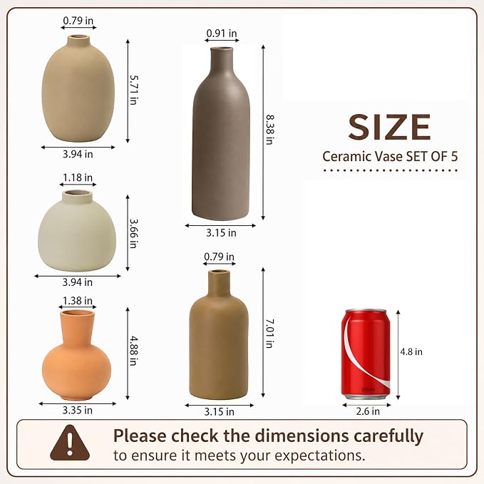 Neutral Ceramic Vase Set – 5 Matte Earth-Tone Vases for Japandi, Scandinavian, or Minimalist Home Decor, Table, Entryway, Shelf & Mantel Styling