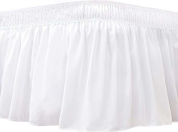 Wrap Around Queen Bed Skirt 21 Inch Drop-Elastic Long Dust Ruffle White | Adjustable Pleated Bedskirt-Easy Fit Wrinkle Resistant Washable Hotel Quality Fabric Bed Skirting-Master Guest Bedroom Rental