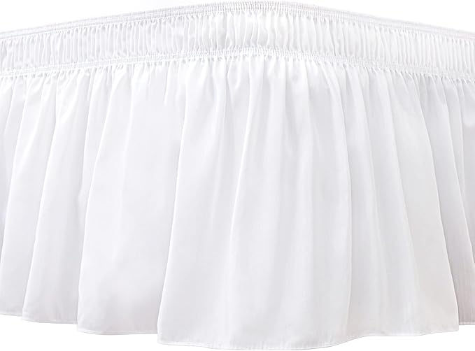 Wrap Around Bed Skirt Full Size 22" Drop-Elastic Long Dust Ruffle White | Adjustable Pleated Bedskirt-Easy Fit Wrinkle Resistant Washable Bed Skirting-Hotel Studio Apartment Home Guest Bedroom Rental
