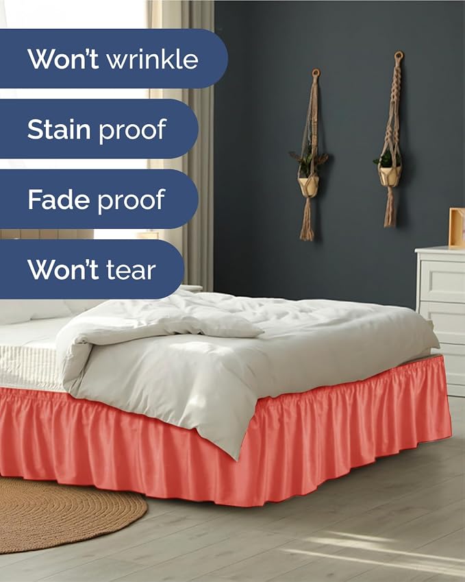 Wrap Around Dust Ruffle Bed Skirt, King Size Beds - 15 Inch Drop, Coral | Easy Fit Elastic Strap, Adjustable Pleated Bedskirt w/Brushed Fabric, Wrinkle & Fade Free, for Women, Men, Kids & Teens