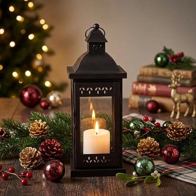 Hosley 15" Clear Glass Iron Lantern - Large Black Classic Style, Decorative Candle Holder for Weddings, Parties, Aromatherapy, Spa, LED Candles, Home Décor Gift