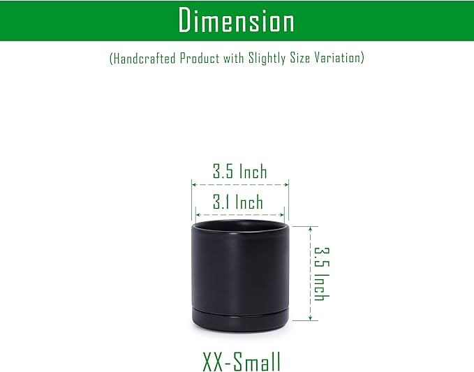 D'vine Dev 3.5 Inch Ceramic Planter Pot, Black, 94-O-A-2 | Modern Cylinder Design, Drainage Hole & Saucer Included, Stable Structure, Elegant Home Accent
