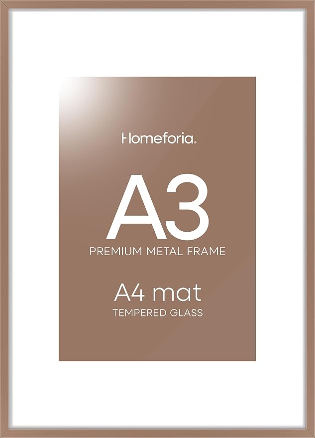 Homeforia A3 Mocha Picture Frame, High-End Metal, A4 Mat, Glass