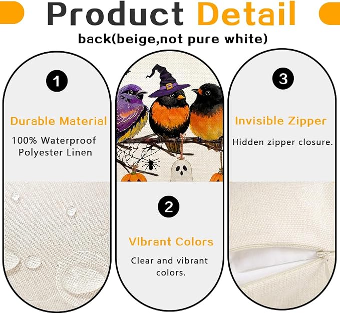 RABUSOFA Halloween Pillow Covers 12x20 Inch Halloween Decorations Outdoor | Watercolor Birds,Waterproof,Spooky Ghost Pumpkin Bat Halloween Decor,Supplies Accessories for Home Couch Party Patio