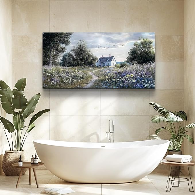 KELIYUAN Canvas Wall Art For Living Room Bedroom Wall Decor For Office Farmhouse Mural Retro Pastoral Flower Sea Landscape Painting Room Hallway Prints Artwork Picture Wall Decoration 20x40 Inches