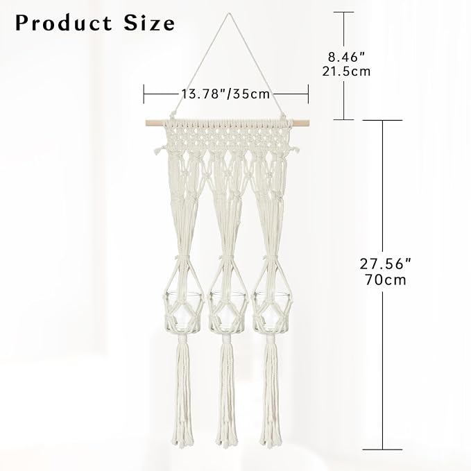 Briful Macrame Plant Hanger with 3 Glass Jars, Wall Hanging Plant Propagation Station, Boho Home Decor Hanging Planter for Indoor Plants Flowers, for Living Room Bedroom Kitchen, 13.78" x 27.56"