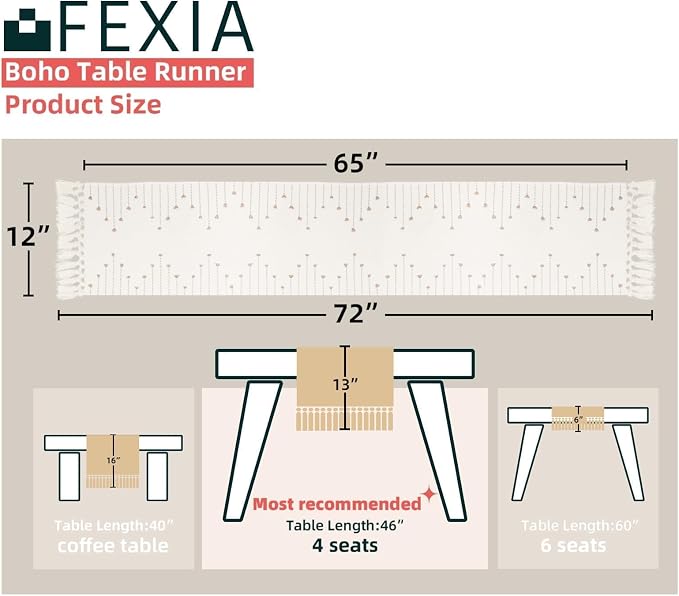 FEXIA Boho Table Runner for Home Decor 12x72 Rustic Macrame Decoration | 72 Inches Long with Tassels Rustic Table Runner Macrame Burlap Centerpieces for Living Dining Room Bedroom for Baby Shower