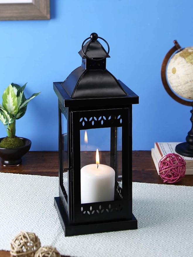 Hosley 15" Clear Glass Iron Lantern - Large Black Classic Style, Decorative Candle Holder for Weddings, Parties, Aromatherapy, Spa, LED Candles, Home Décor Gift