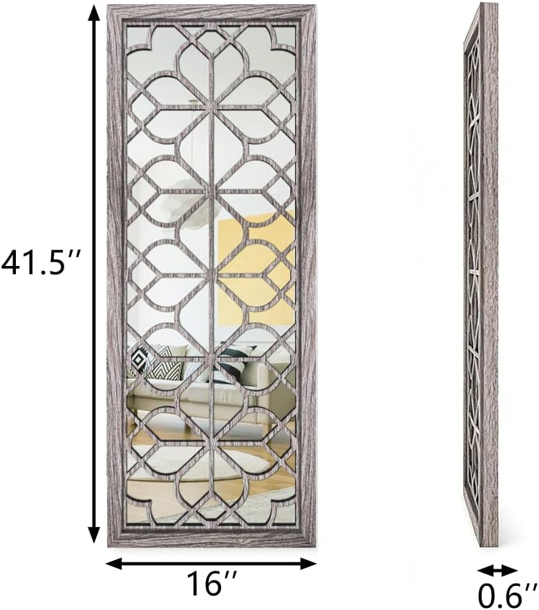 Set of 2 16x41.5 Inch Large Carved Floral Wood Frame Wall Mirrors, Shatterproof Boho Farmhouse Rustic Accent Mirrors for Living Room, Bedroom, Bathroom, Entryway & Home Wall Decor （Brown）