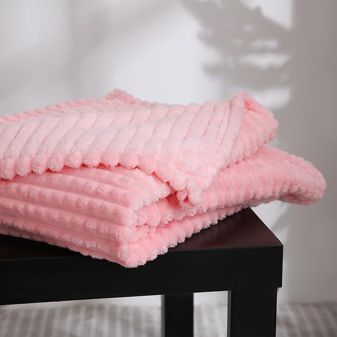 Puncuntex Fleece Throw Blanket Light Pink 60"×80" with Square Grid Design | Super Soft Plush Cozy Flannel Throw Blanket Luxury for Couch Sofa Chair