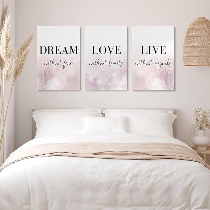 GUBIYU Love Decor for Bedroom Dream Live Quotes Posters Prints Set of 3 Pink Purple Home Decor Home Wall Art Large Dream Live Wall Art for Girls Women Gift Inspirational Wall Decor 24"X36"