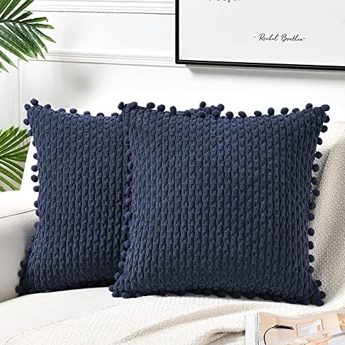 Fancy Homi Set of 2 Navy Blue Decorative Throw Pillow Covers 20x20 Inch with Pom-poms for Couch Bed Sofa, Modern Farmhouse Boho Home Decor, Soft Plush Corduroy Cute Cushion Case 50x50 cm