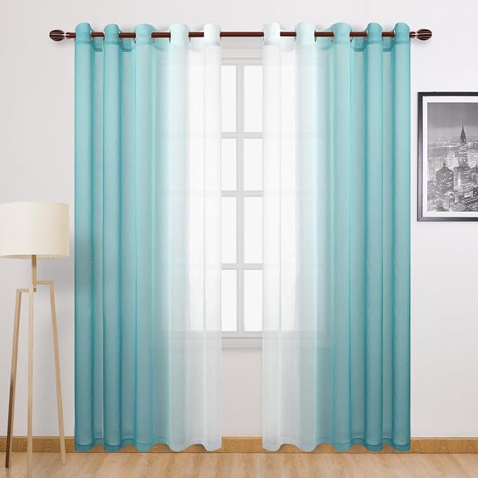 DWCN Ombre Faux Linen Sheer Curtains - Extra Wide Gradient Semi Voile Grommet Top Bedroom and Living Room Curtains, 60 x 84 Inches Long, Set of 2 Window Curtain Panels, Teal Green