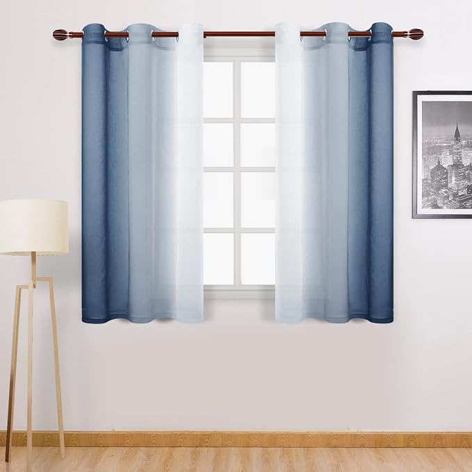 DWCN Ombre Short Sheer Curtains - Faux Linen Semi Voile Gradient Light-Filtering Bedroom and Living Room Curtains, Set of 2 Grommet Top Window Drape Panels, 42 x 45 Inch Length, Denim Blue