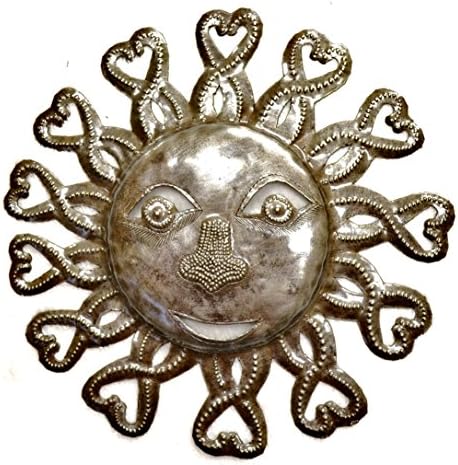 It's Cactus Metal Sun Faces, Handmade Haiti, Recycled Oil Drum Art, Sunny Home Decor (Sun with Hearts)