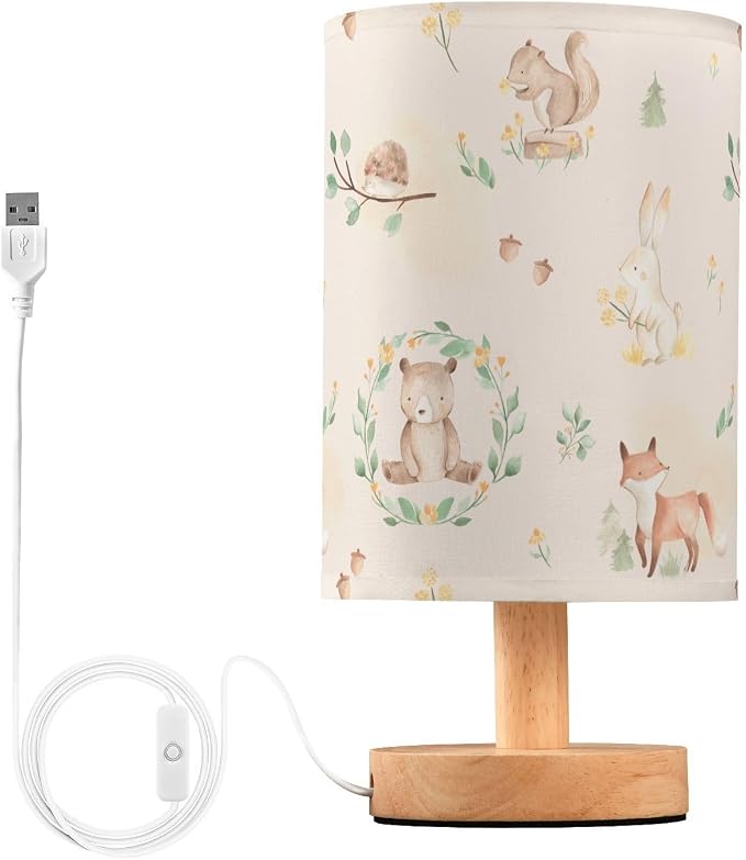 Bedside Table Lamp Woodland Animals Nightstand Lamp with Wood Forest Rabbit Deer Hedgehog Floral Desk Lamps for Bedroom Living Room Nursery Office Home Decor