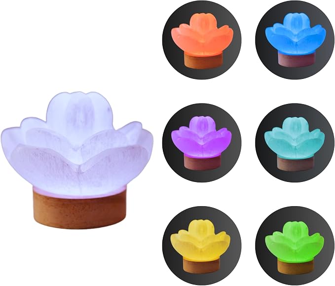 Wish Well 3 pc Lotus Flower Selenite Lamp with 7 Color LED Wooden Base
