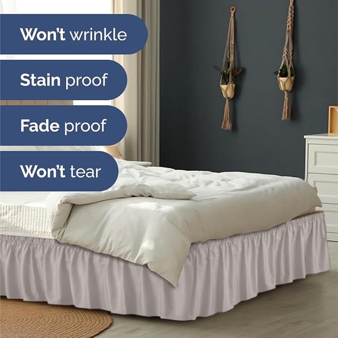 Wrap Around Dust Ruffle Bed Skirt, Full Size - 18 Inch Drop, Light Grey | Easy Fit Elastic Strap, Adjustable Pleated Bedskirt w/Brushed Fabric, Wrinkle & Fade Free, for Women, Men, Kids & Teens